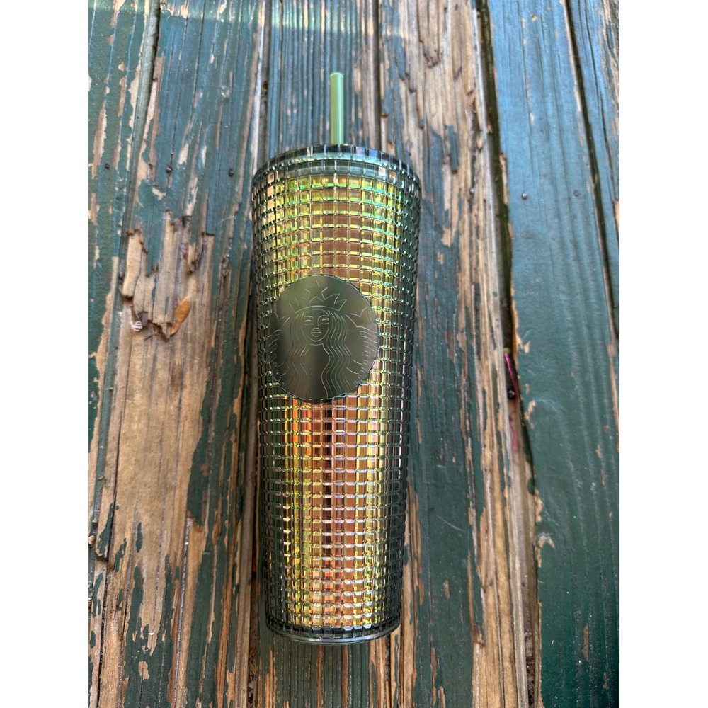 Starbucks Iridescent Oil Slick Grid Venti Tumbler 24oz Green Gold Studded Cup